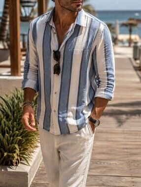 Zara Men's Blue White Striped Button-Up Shirt Cotton Blend Long Sleeve Casual